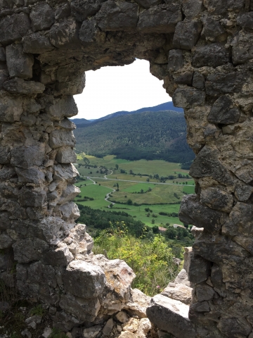View to the valley through the ruins