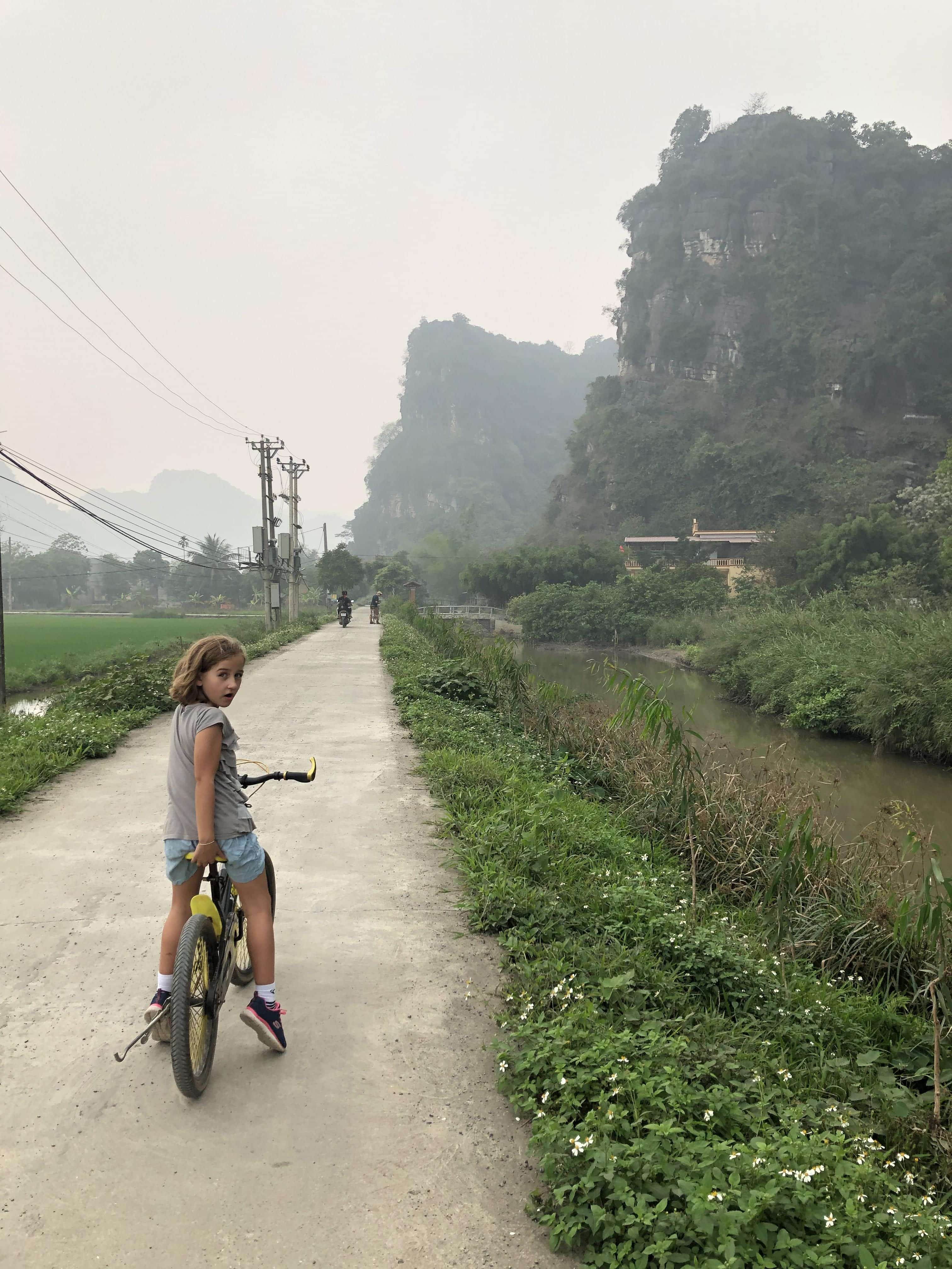Biking through rice fields